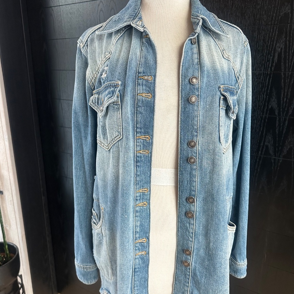 Free People - Moonchild Distressed Denim Long Shirt Jacket XS - Picture 8 of 15